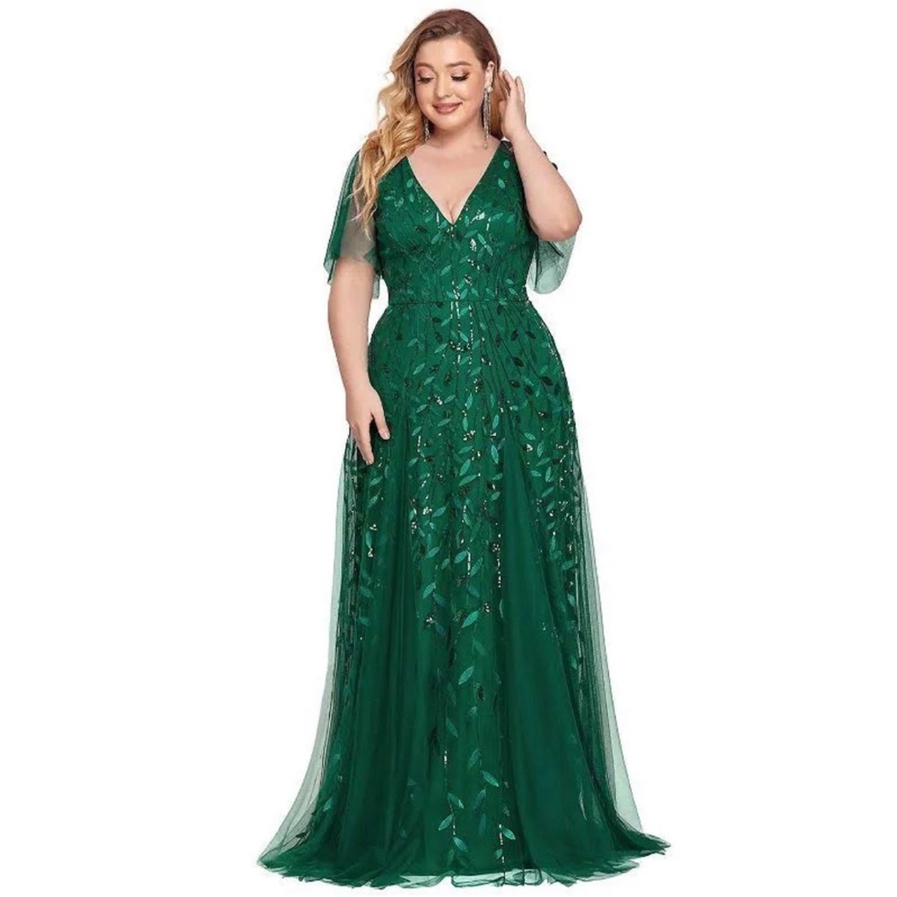 Plus Size Emerald Green Sequin Tulle Formal Dress